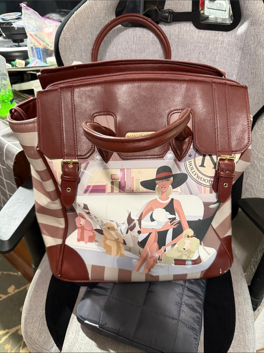 Nicole miller Brown and Cream Illustrated Satchel Tote with Top Handles